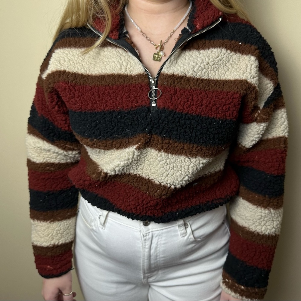 Striped Sherpa Quarter Zip Drawstring Crewneck